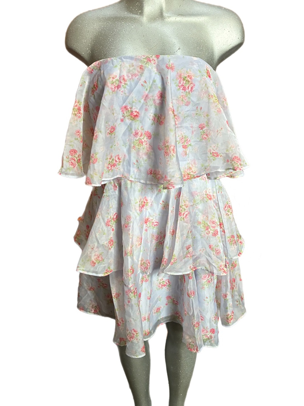 Abercrombie & Fitch Organza Strapless Floral Tiered Ruffle Dress Large Blue/Pink - Picture 9 of 9